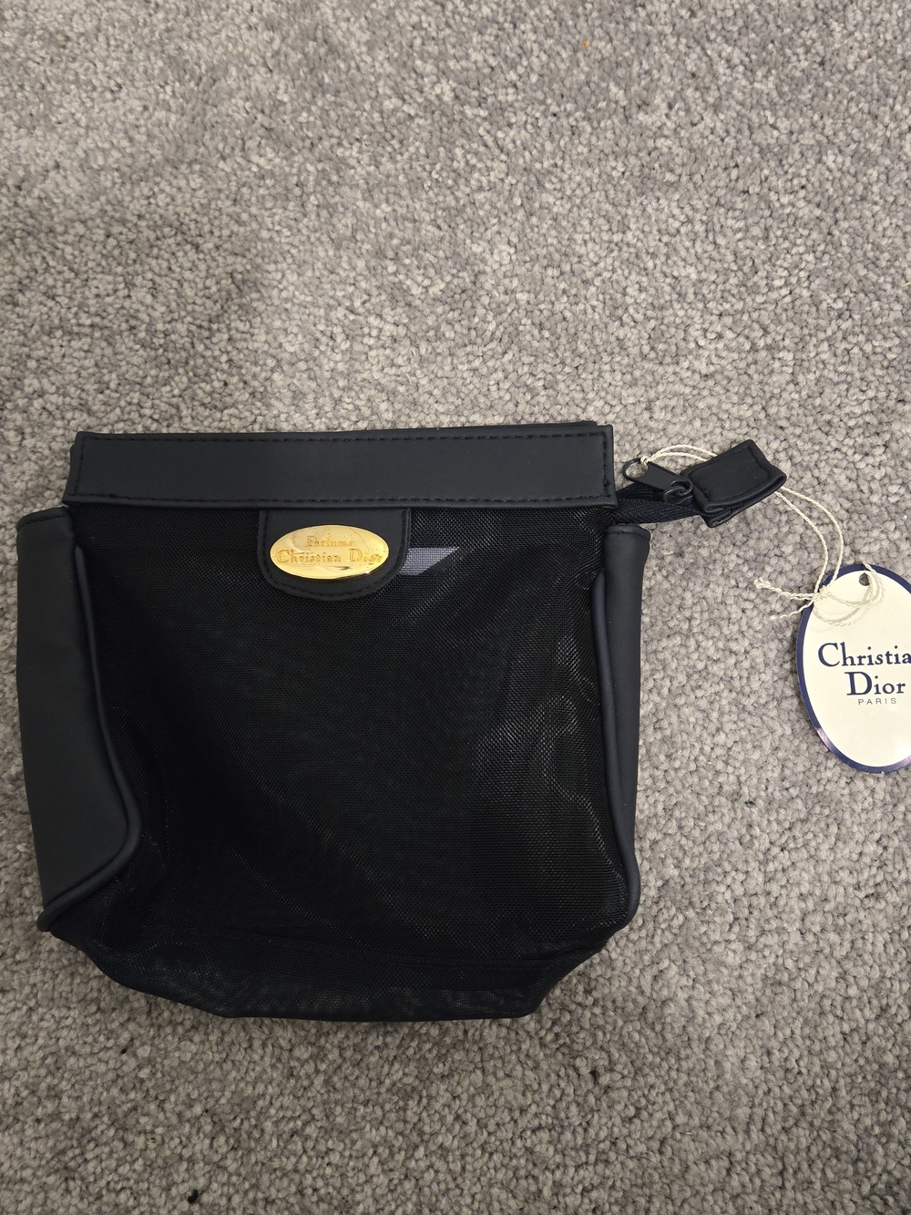 Dior Navy Blue Mesh Cosmetic Bag with Gold Badge